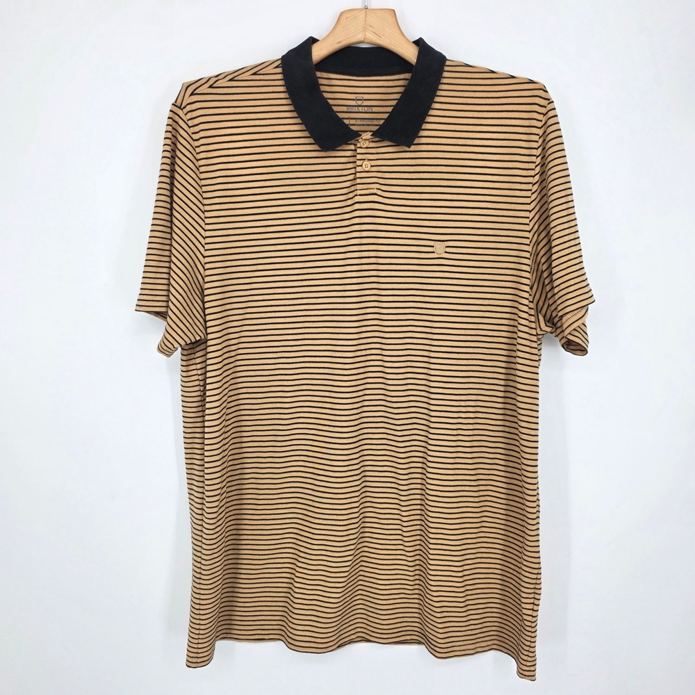 Brixton Mens XXL Standard Fit Striped Polo Shirt Tan Black Short Sleeve BU0110